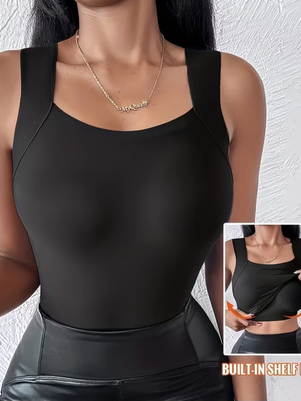 Women’s Black Tank Bodysuit with Built-In Shelf